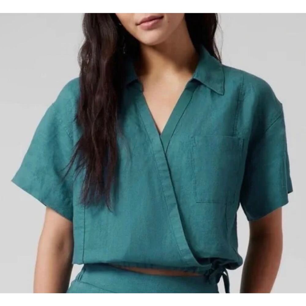 Athleta Playa Linen Tie Top Blue Green Wrap Crop Blouse Short Sleeve Size Small